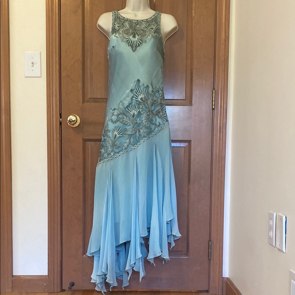 Sue Wong Blue Asymmetrical Beaded Gown (70% silk)